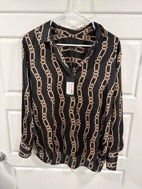 Rails Black Blouse with Tan Chain Print